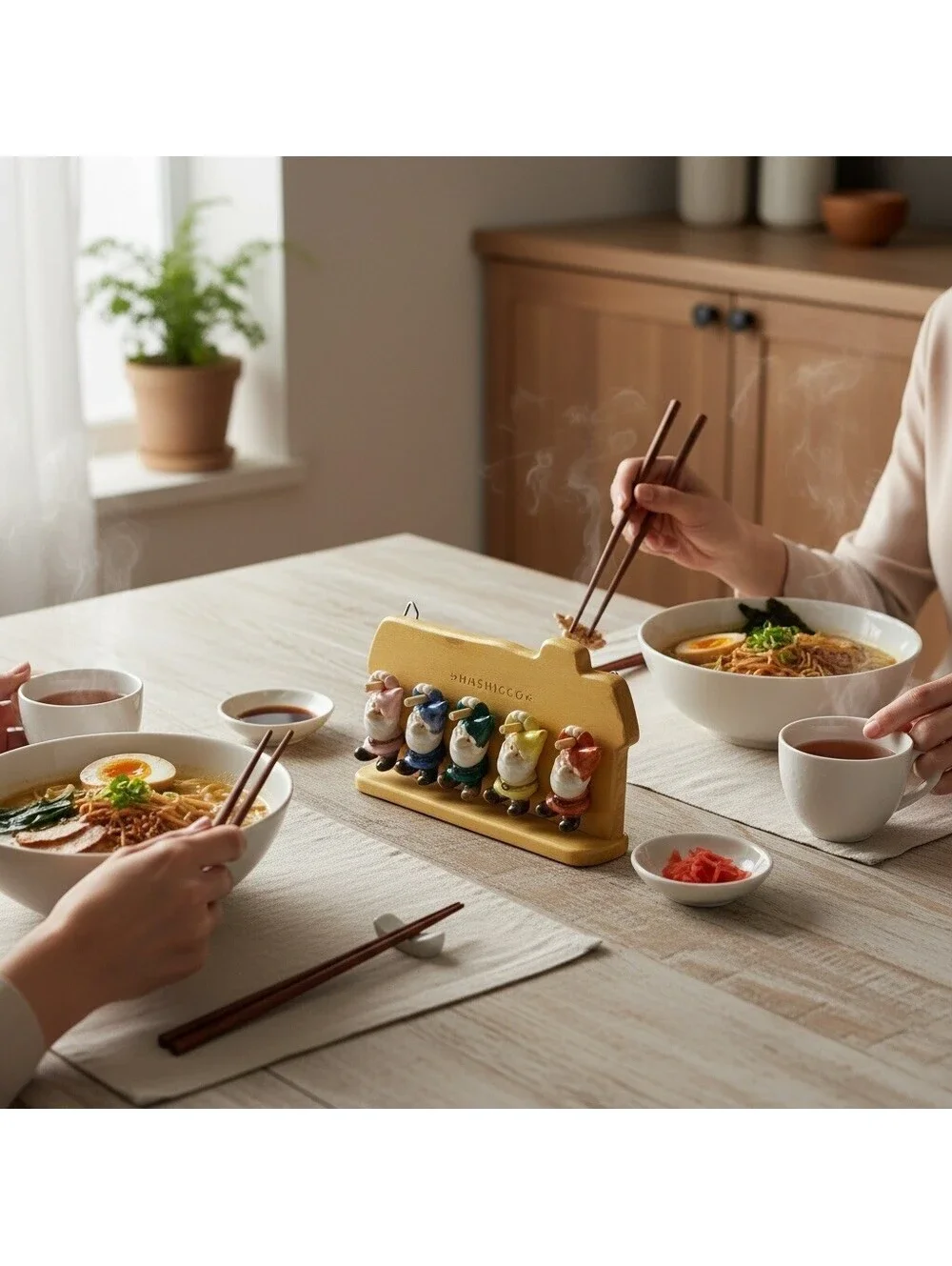 Hashicco Gnome Chopstick Rests 5-Pc Ceramic Set with Wooden Stand
